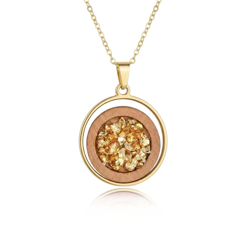 Collier bois et or résine éclats de verre