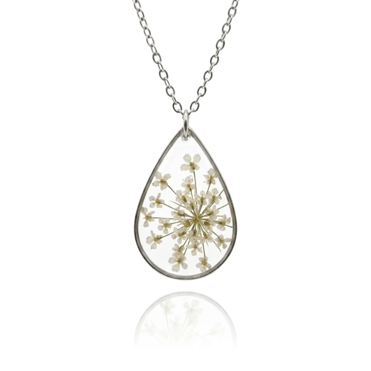 Collier Queen Anne — fleur séchée véritable et résine, chaîne acier inoxydable
