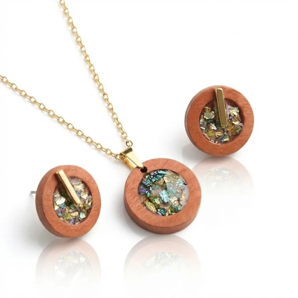 Parure bijoux bois et or coffret collier boucles d'oreilles